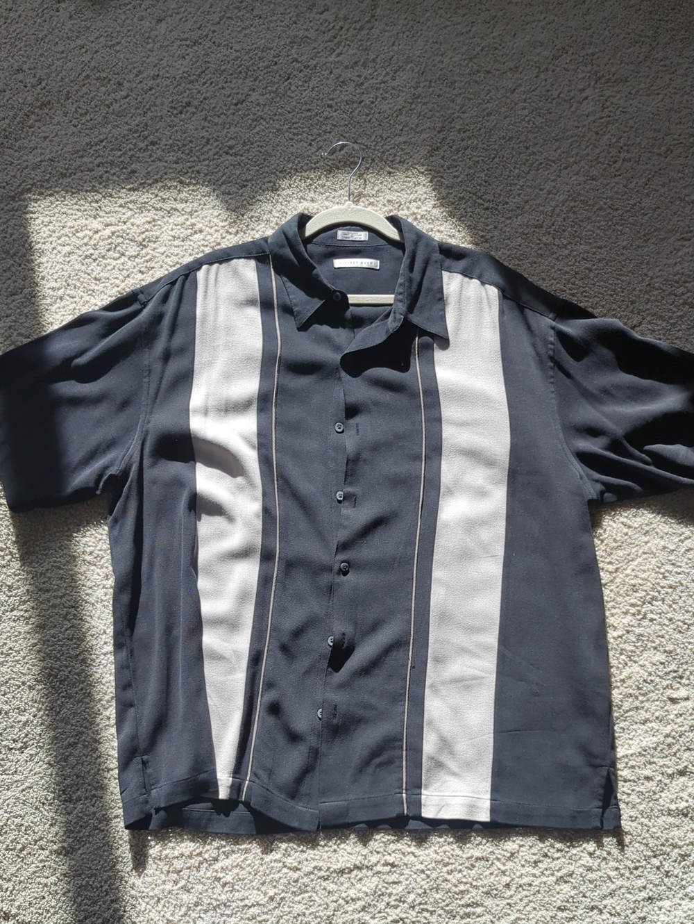 Geoffrey Beene Black Silk Shirt with Cream Vertical‎ Panels Size XL